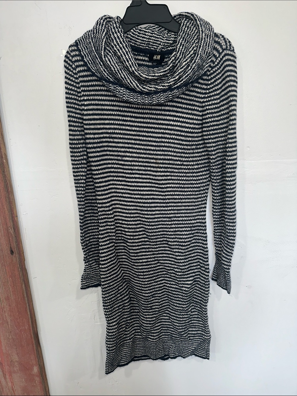 H&M Black & White Striped Off-Shoulder Knit Sweater Dress